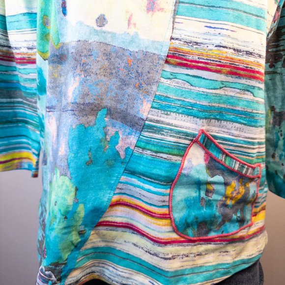 Parsley & Sage Size Small Top Blue Yellow Vibrant Abstract Print Artsy V Neck - Picture 6 of 11